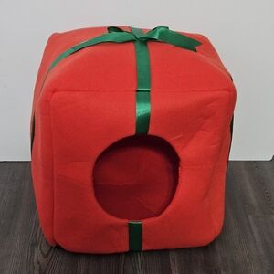 Red Polyester 14" Square Christmas Present Cat Bed with Green Satin Bow. 100% Po